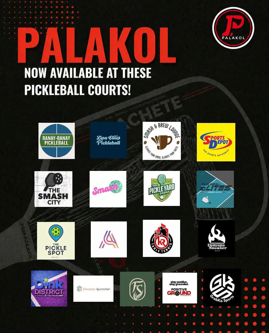 Logos of Philippine pickleball courts and stores where Palakol is available
